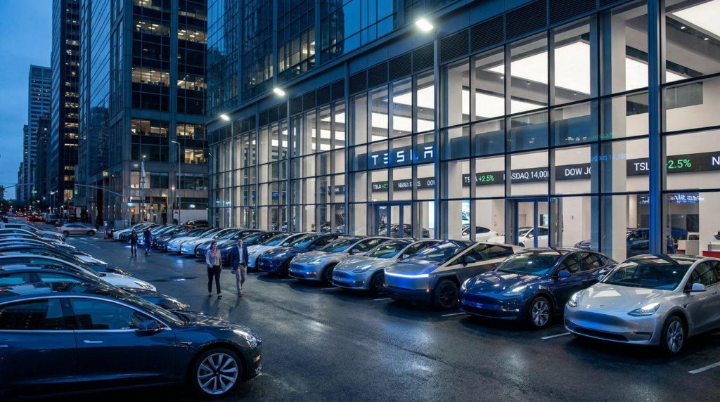 Tesla stock Q2 2026 delivery forecast - Tesla vehicles at urban delivery center