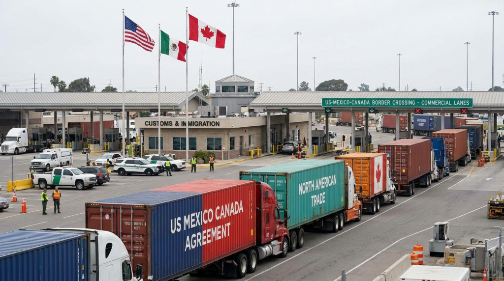 USMCA renewal dispute shown through cargo containers at the US Mexico Canada trade border