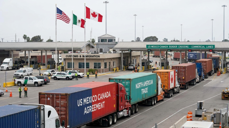 USMCA renewal dispute shown through cargo containers at the US Mexico Canada trade border